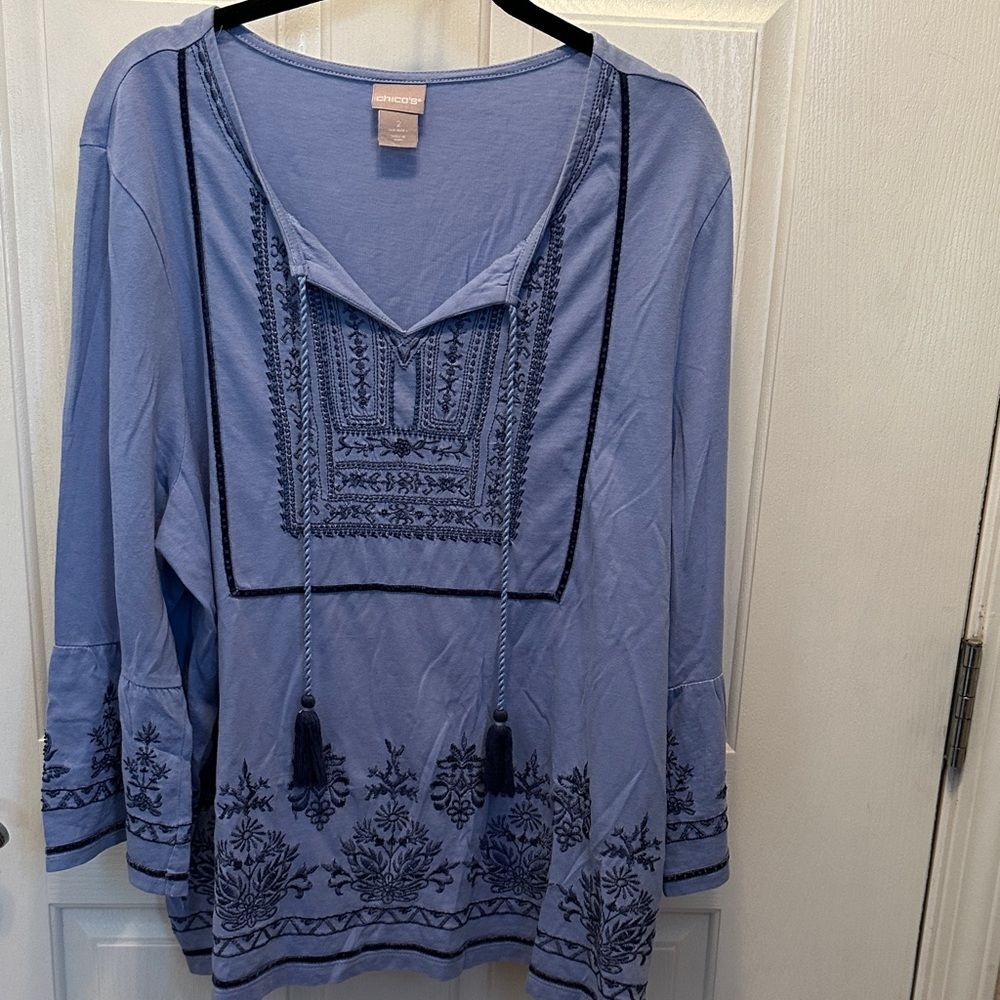 Chico's Soft Blue Knit Top 100% Cotton with Embroidery & Tassels Size 2 (L)